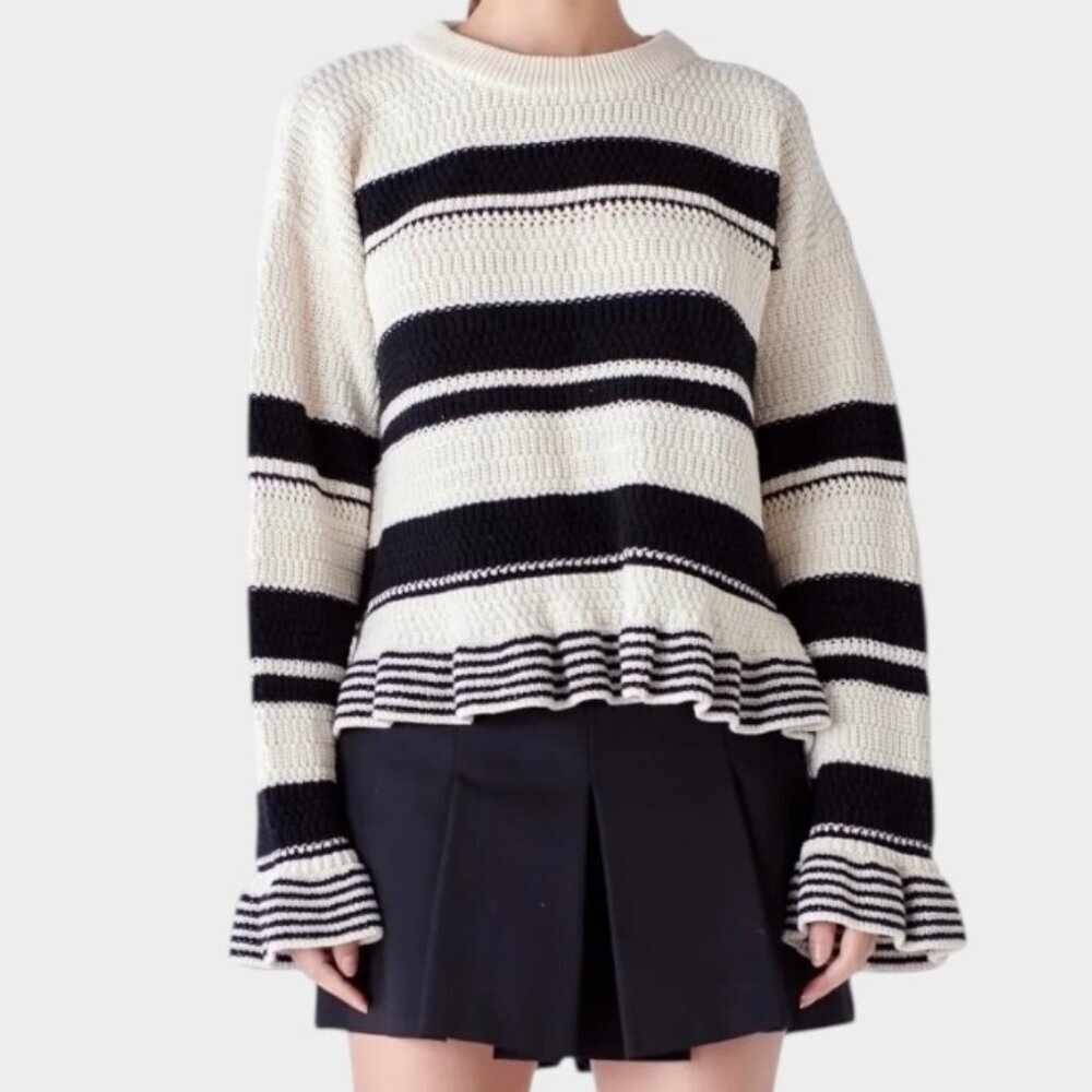English Factory Striped Ruffle Hem Sweater Black and Cream